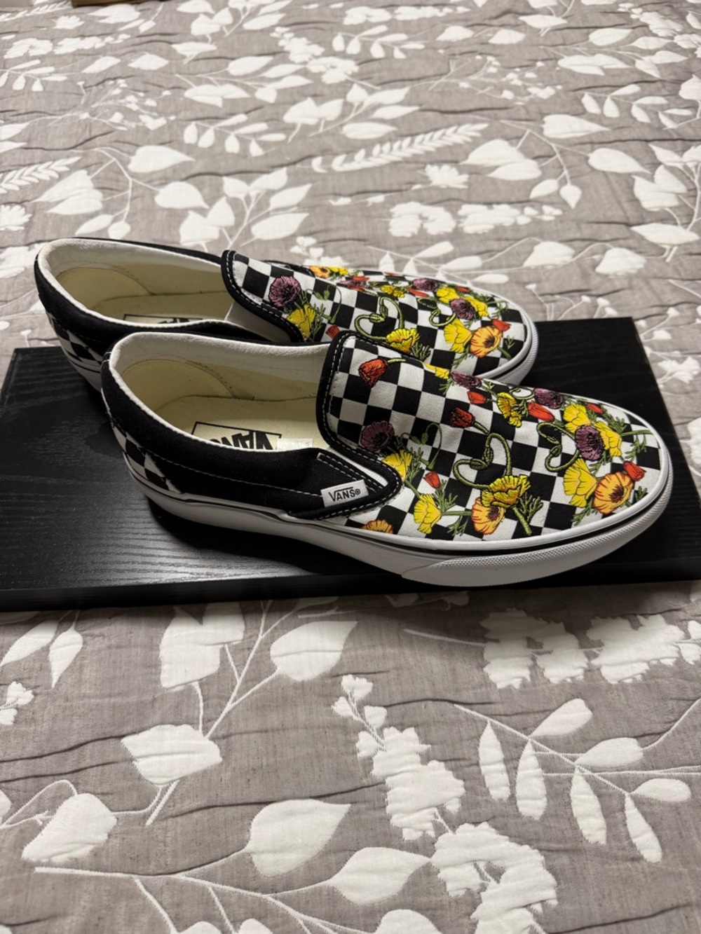 NEW. Vans Slip-On Sneakers with Checkerboard Floral Print - Black/White/Yellow